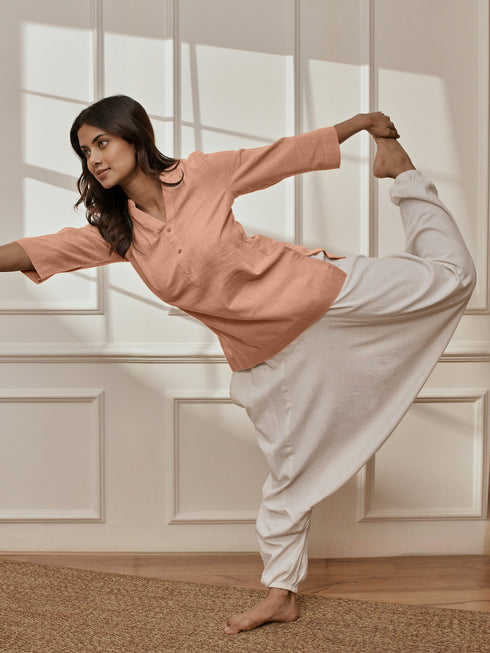 Women's Rose Pink Cotton Linen Kurta With White Cotton Lycra Harem Pants Yoga Set